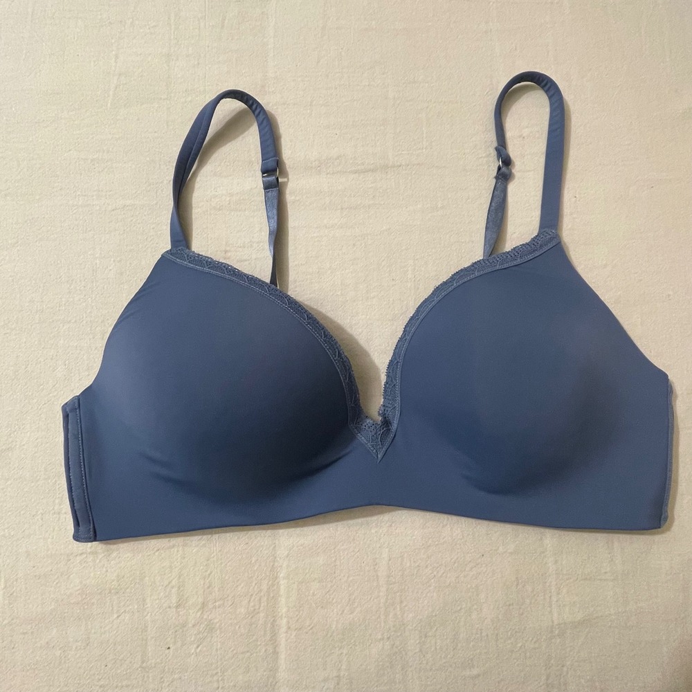 Samantha Chang Bra 38B New‎ York Blue Wire-Free Bra Lace Trim Comfortable Active